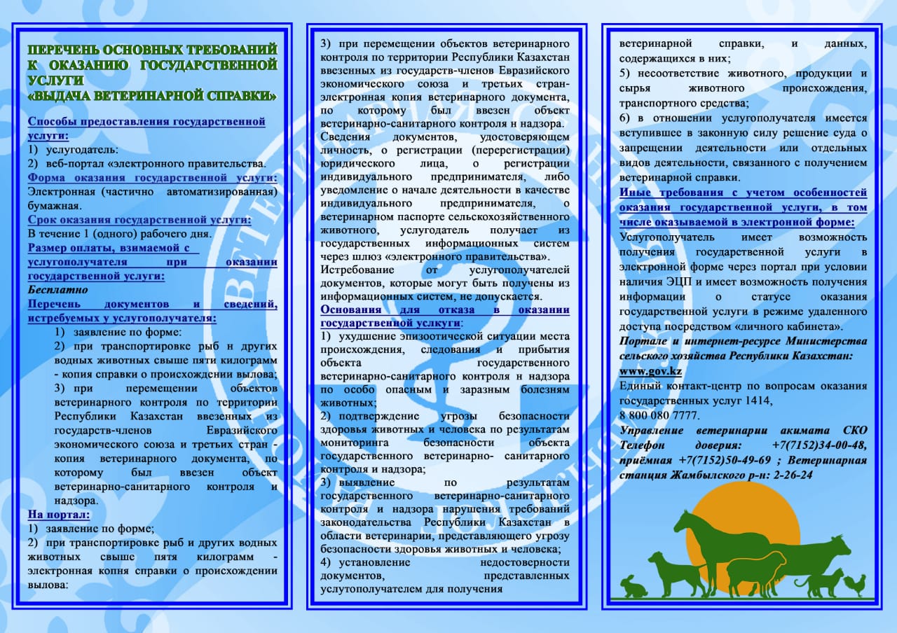 Перечень основных требований к оказанию государственной услуги &quot;Выдача ветеринарной справки&quot;